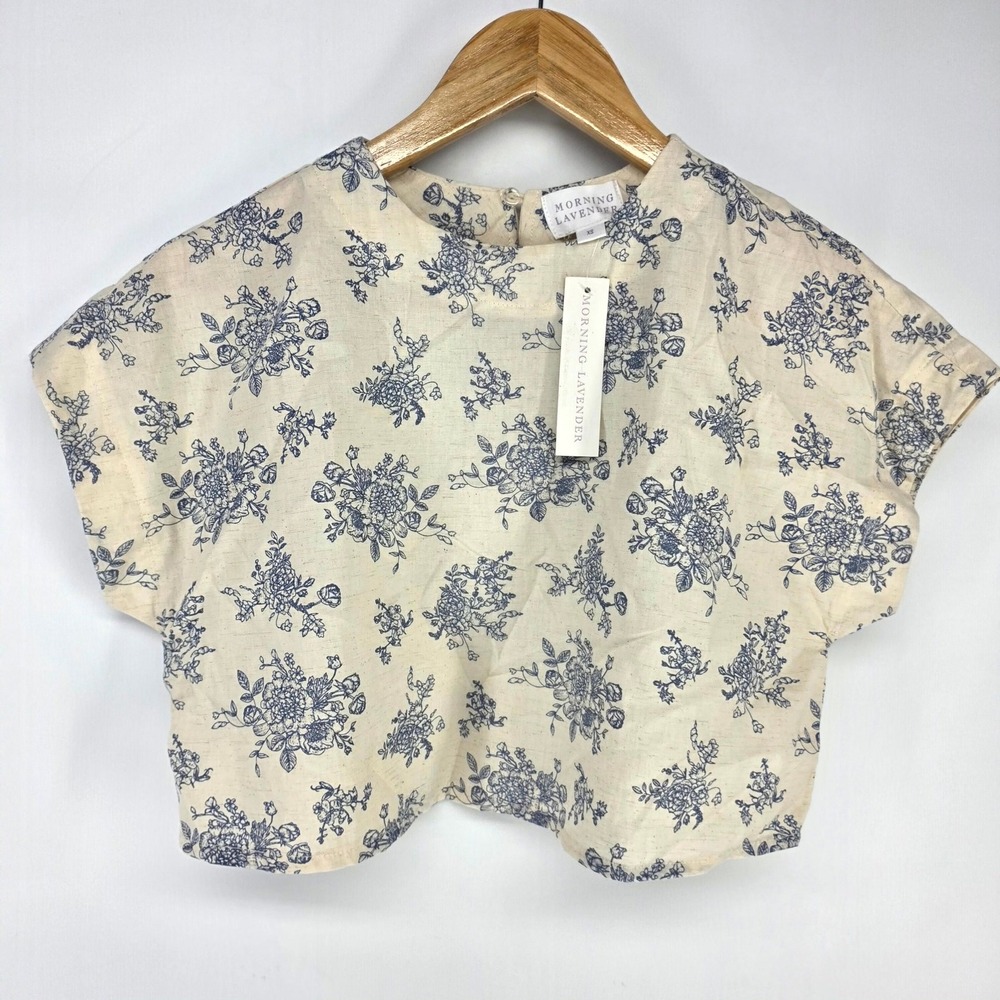 Morning Lavender Floral Crop Top Women XS Cream Blue Short Sleeve Crew Neck Boho